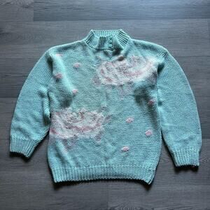 Vintage 80s Hand Knit Floral Sweater Pastel Blue Women’s Medium